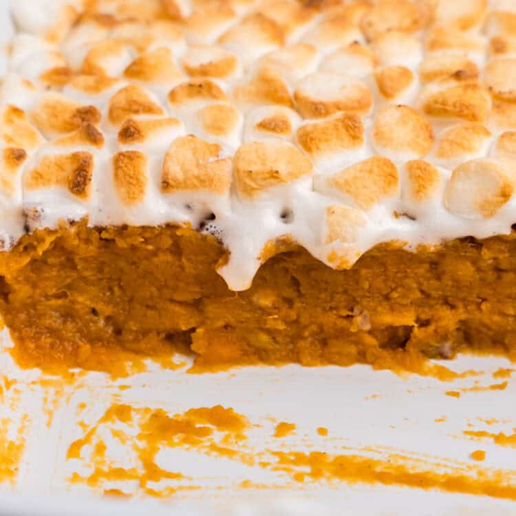 Close up side profile picture of sweet potato casserole layers.