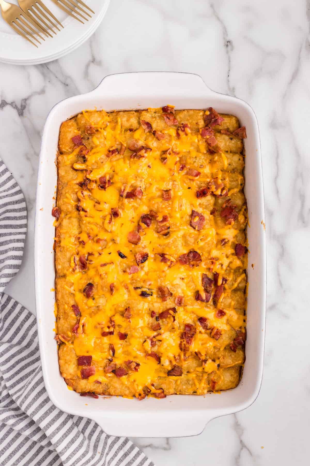 Overhead picture of white pan with completed casserole in it
