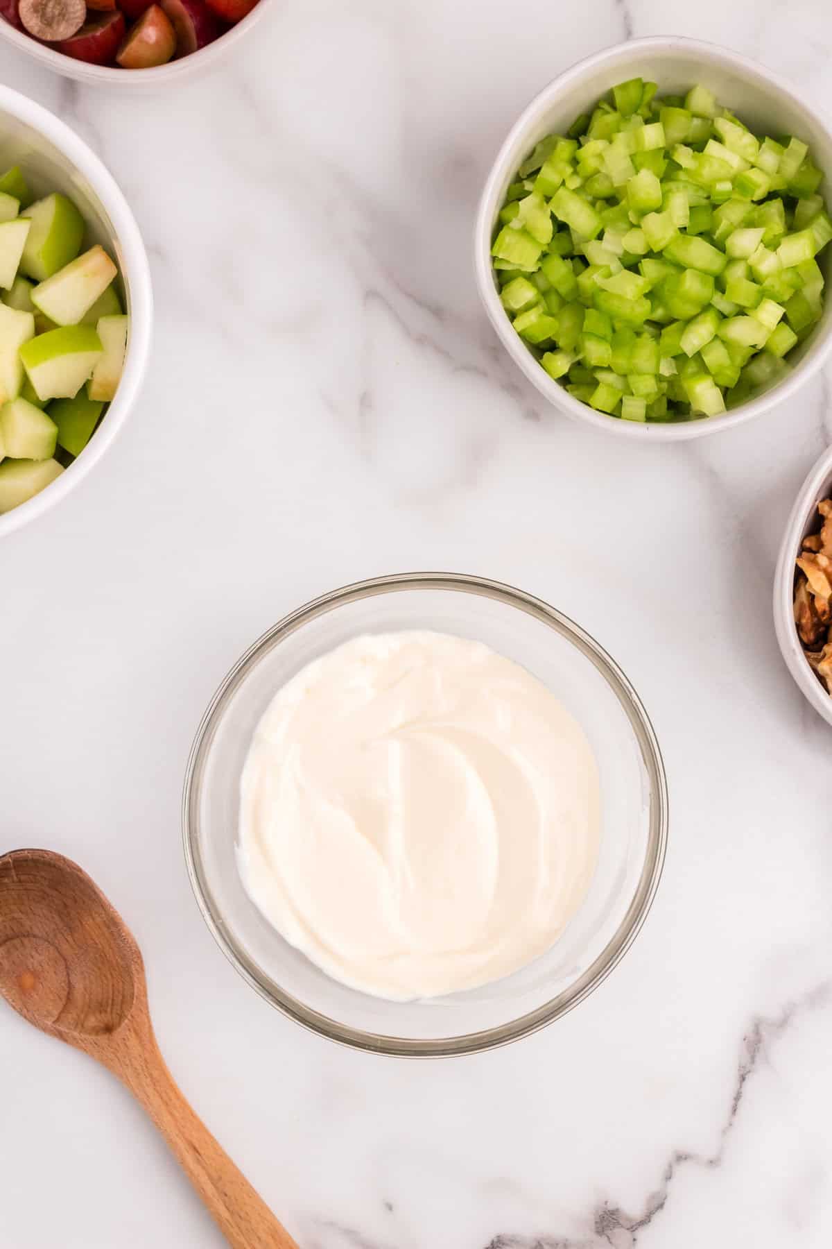 Waldorf Salad dressing combined until smooth in glass mixing bowl