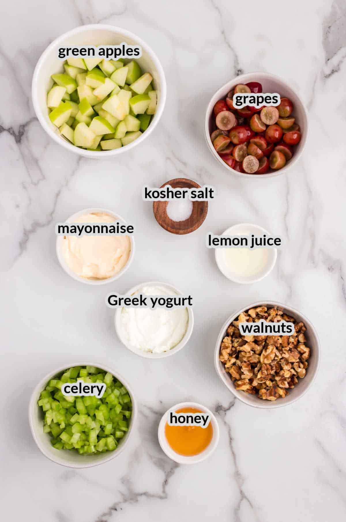 Overhead Image of Waldorf Salad Ingredients
