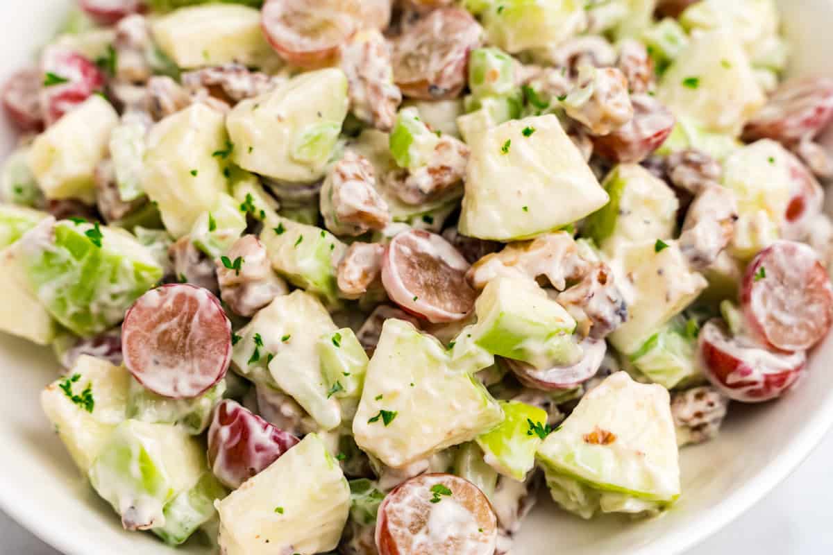 Waldorf Salad piled in shallow serving dish