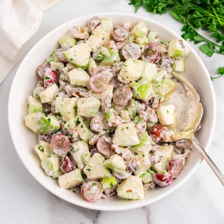 Closeup overhead square image of Waldorf Salad in serving bowl