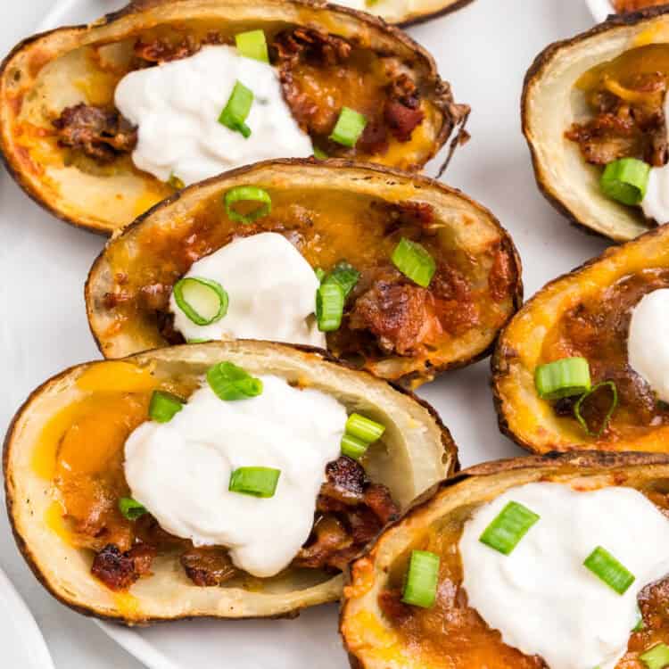Closeup square image of Air Fryer Potato Skins