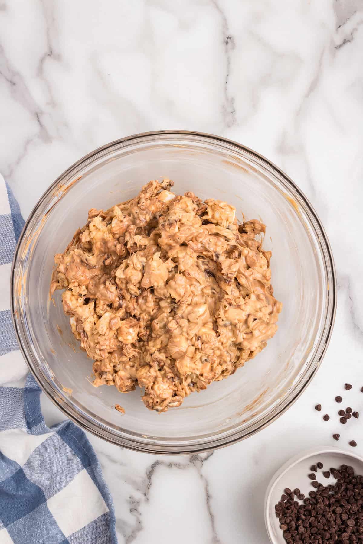 Combined Avalanche Cookies ingredients in glass mixing bowl