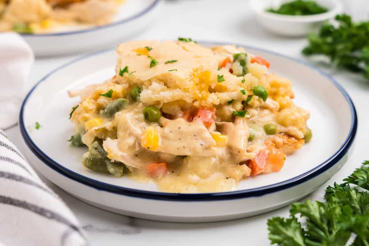 Side profile picture of completed chicken cobbler.