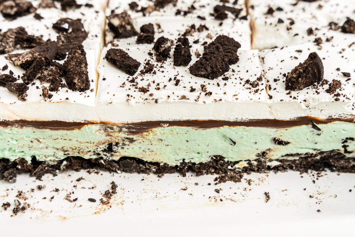 Cut view of cake with oreo, mint ice cream, hot fudge sauce, whipped topping and crushed oreo layers