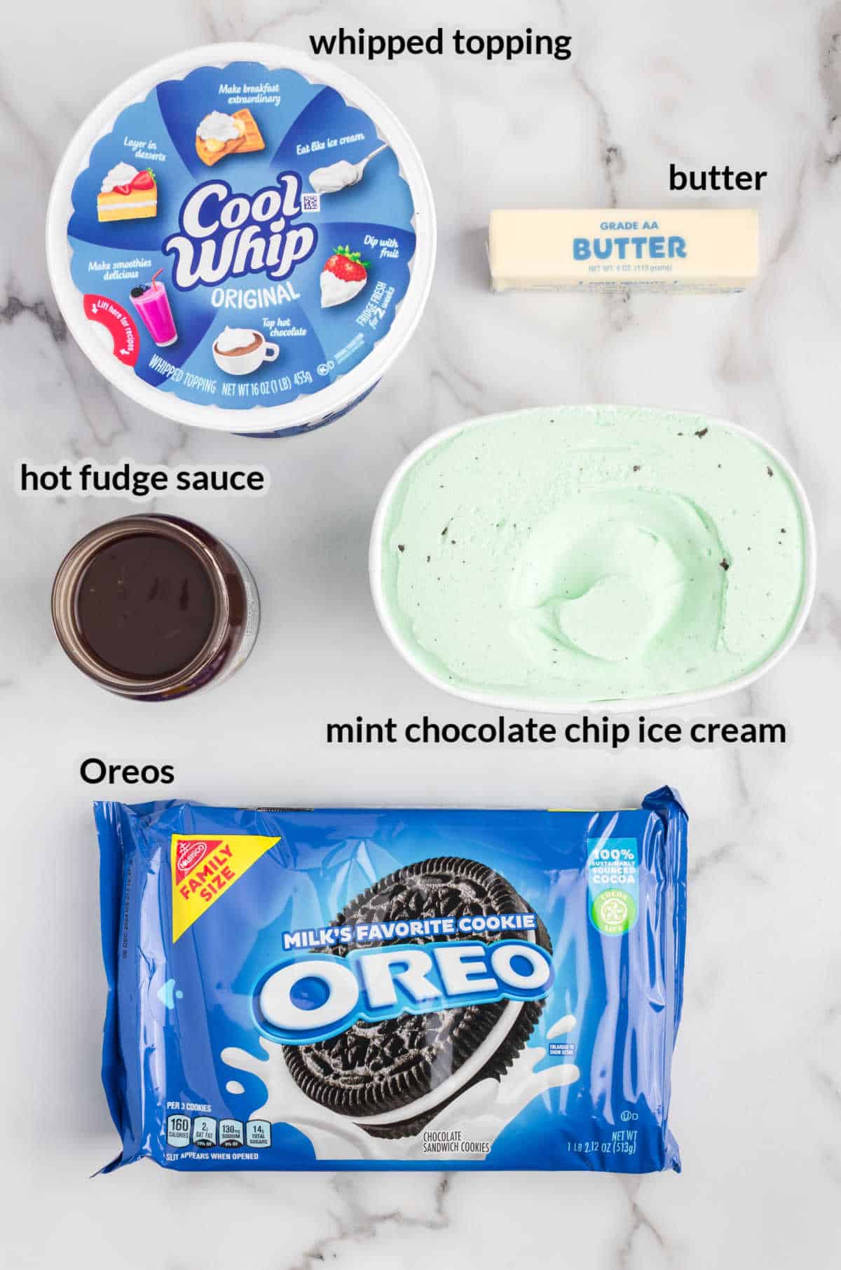 Overhead image of Mint Oreo Ice Cream Dessert Ingredients