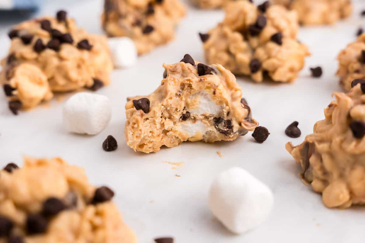 No-Bake Avalanche Cookies arranged on parchment paper with one bite taken from one of the cookies