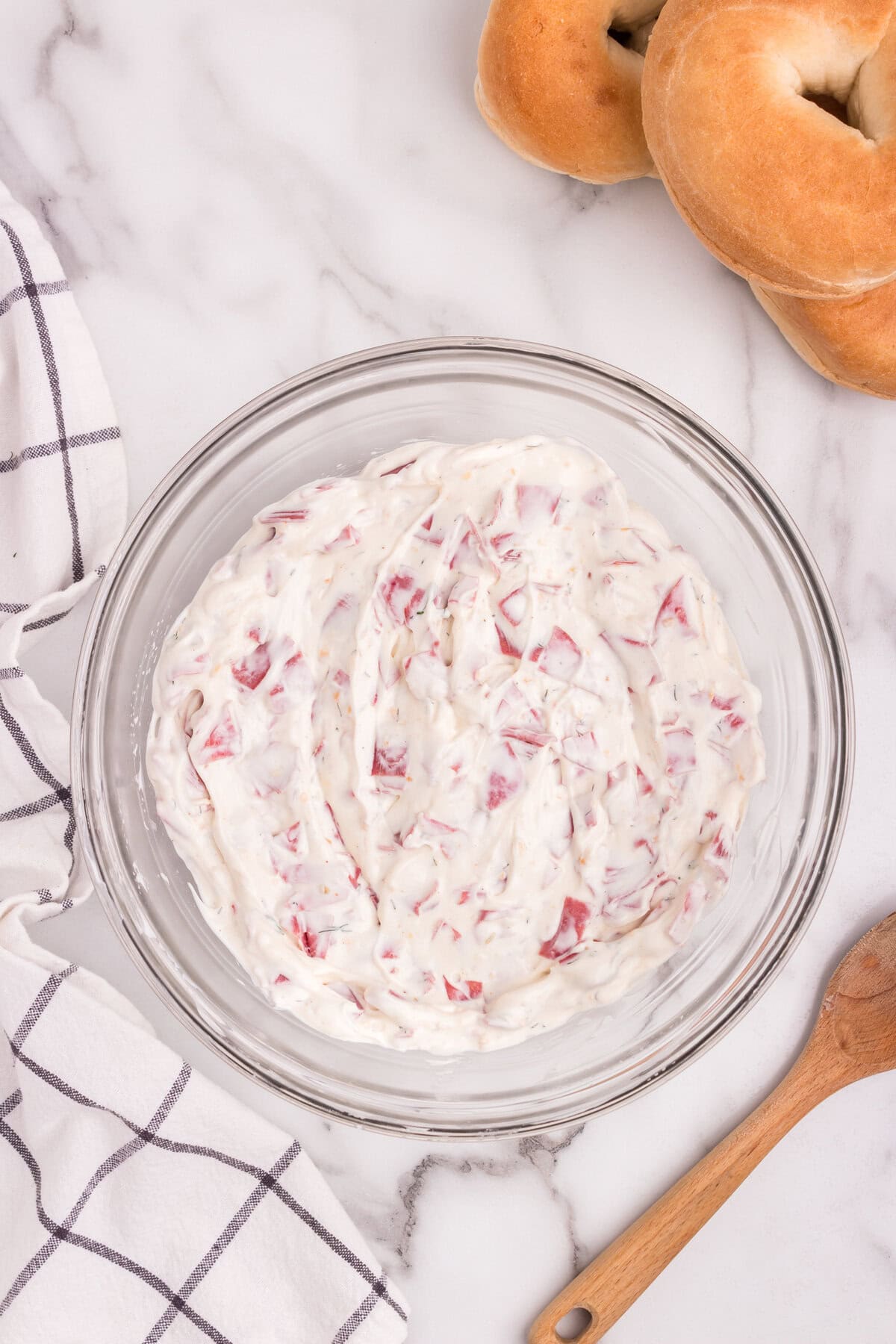 Overhead picture of Bagel Dip ingredients combined.