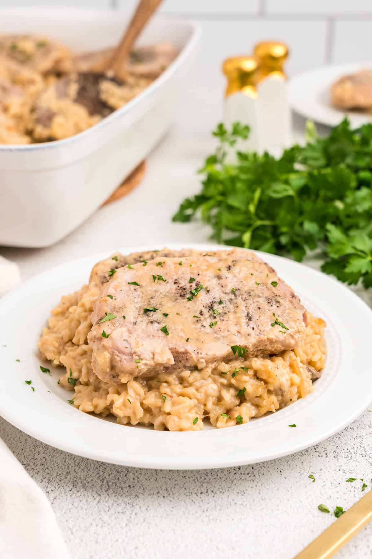 Baked Pork Chops and Rice on white plate ready to eat