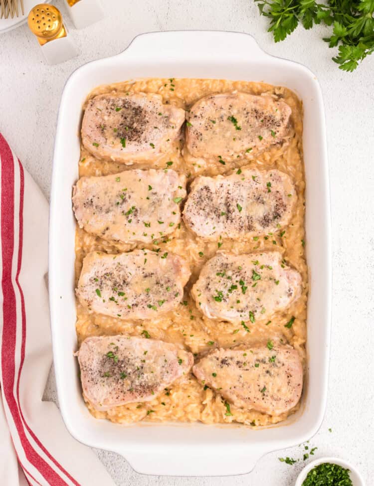 Baked Pork Chops and Rice in baking dish