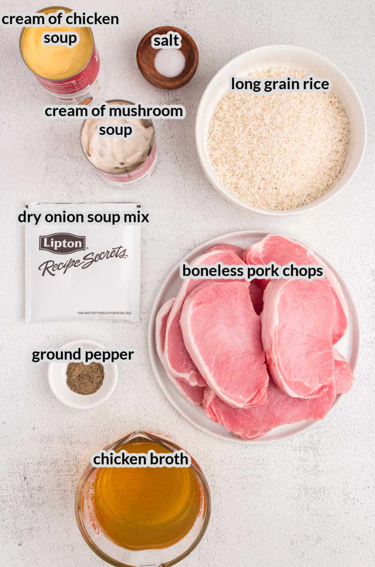 Overhead image of Baked Pork Chops and Rice Ingredients