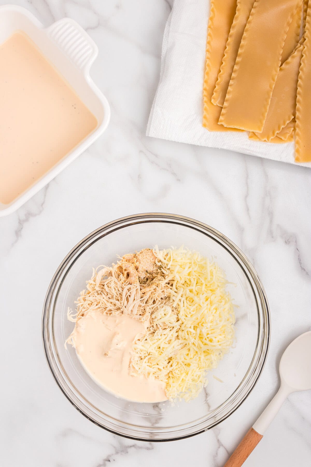 Overhead picture of filling ingredients in a glass bowl
