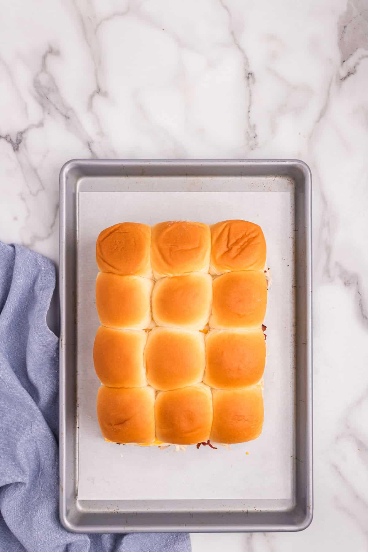 Overhead picture of chicken bacon ranch sliders before baking.
