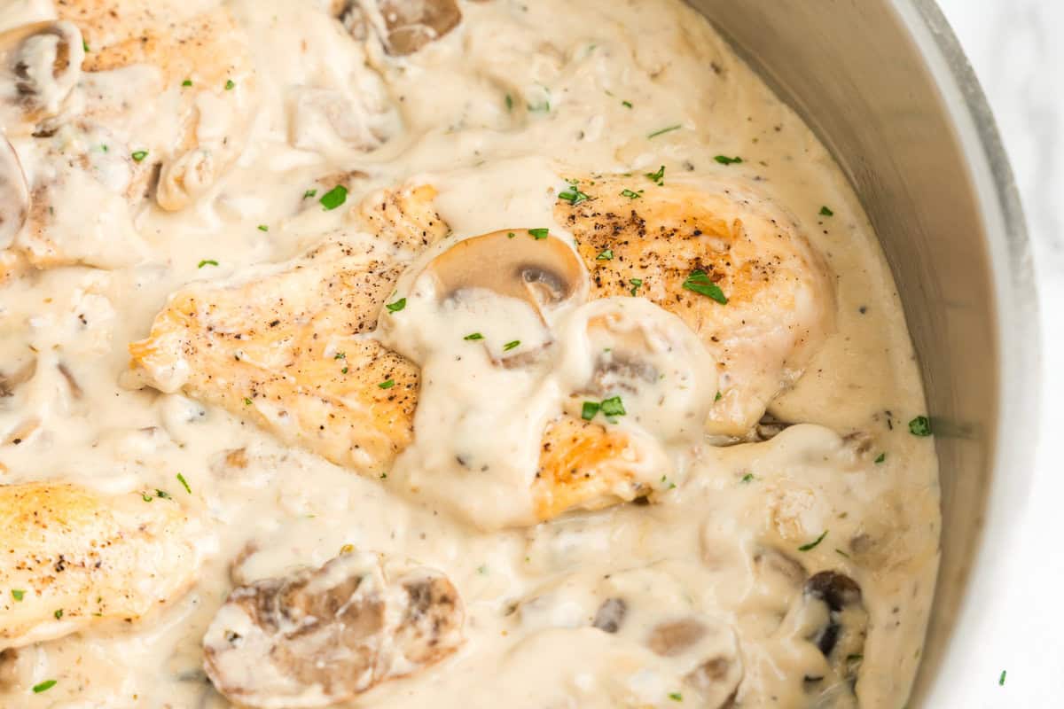 Skillet Cream of Mushroom Chicken ready to enjoy out of the stovetop skillet