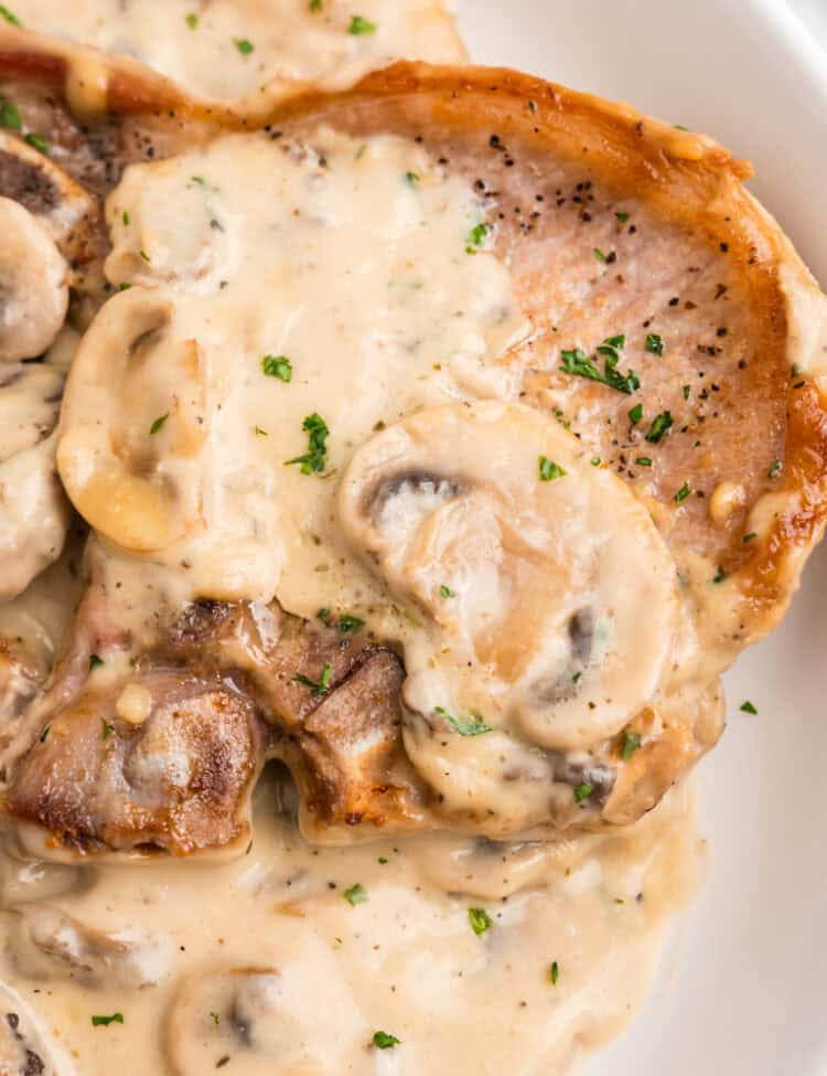 Close up image of white plate with Cream of Mushroom Pork Chops in it.
