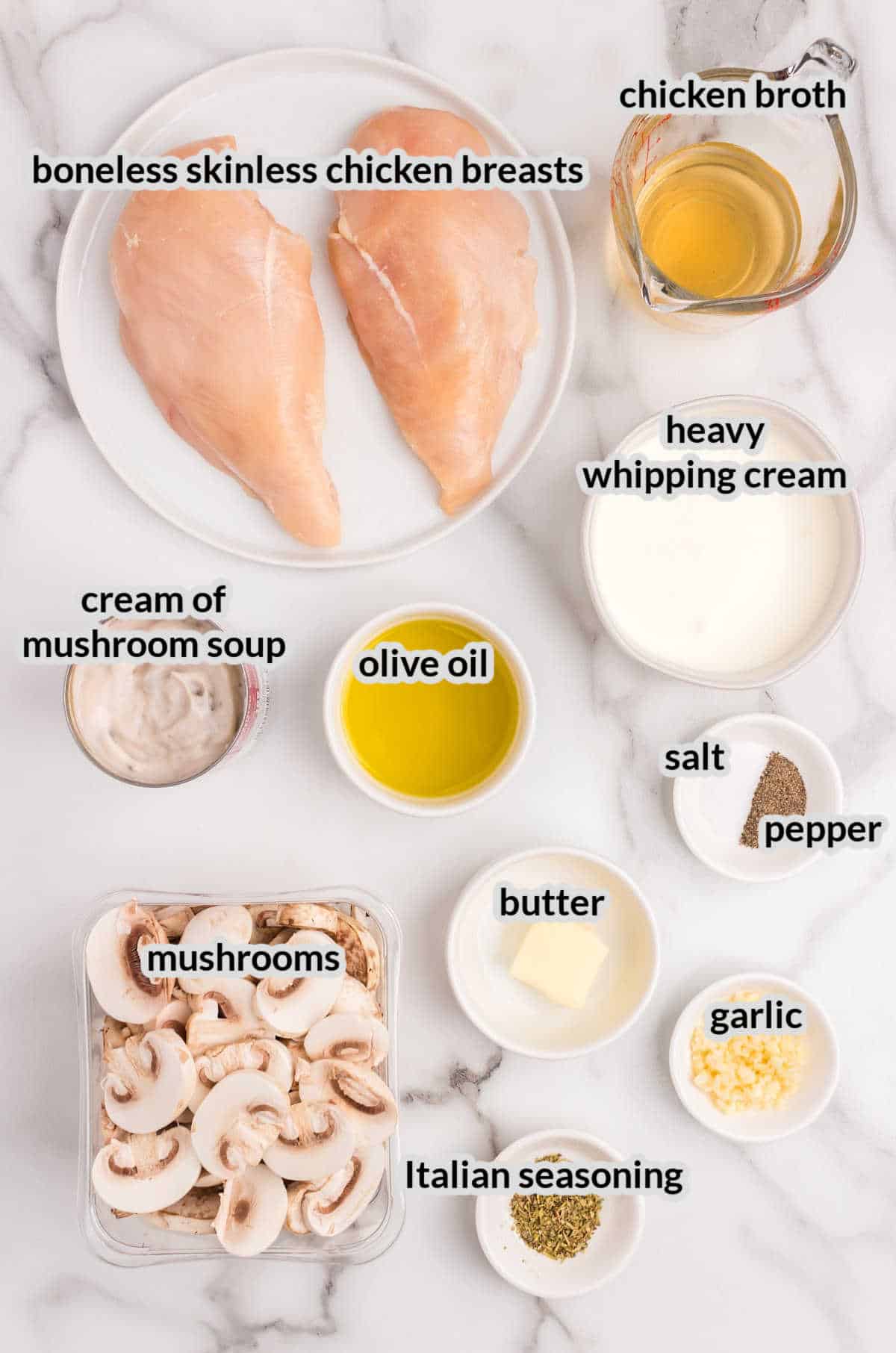 Overhead Image of Skillet Cream of Mushroom Chicken Ingredients