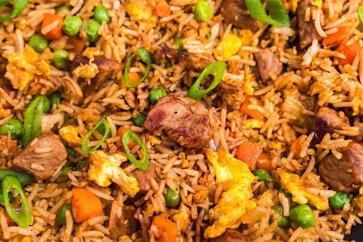 Close up picture of steak fried rice.