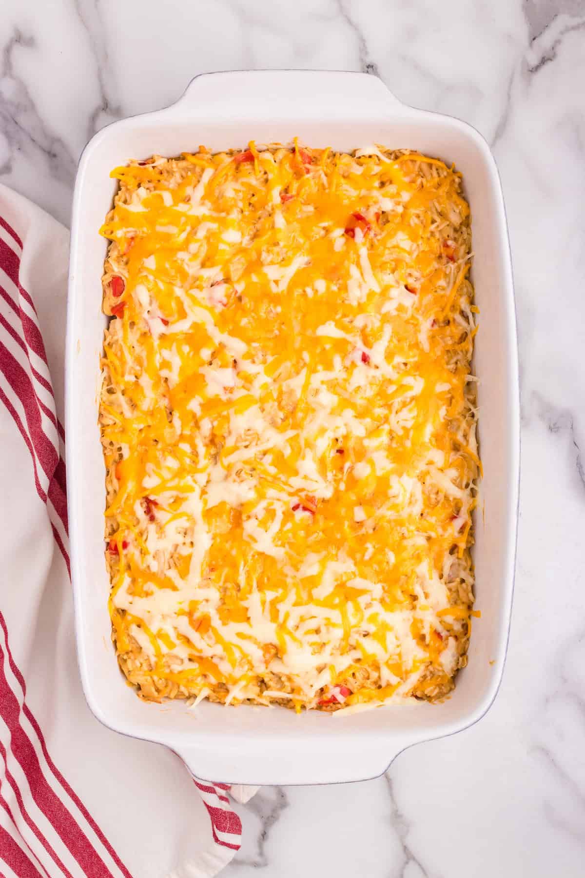 Overhead picture of cheese melted on the casserole.