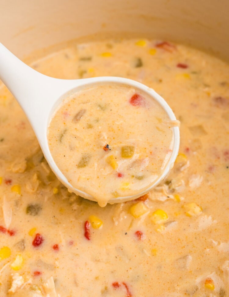 Close up picture of chicken and corn chowder in a pot with a ladle scooping it.