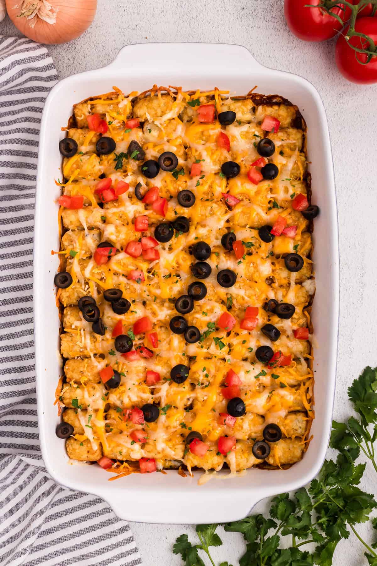 Overhead picture of completed Mexican Tater Tot Casserole.