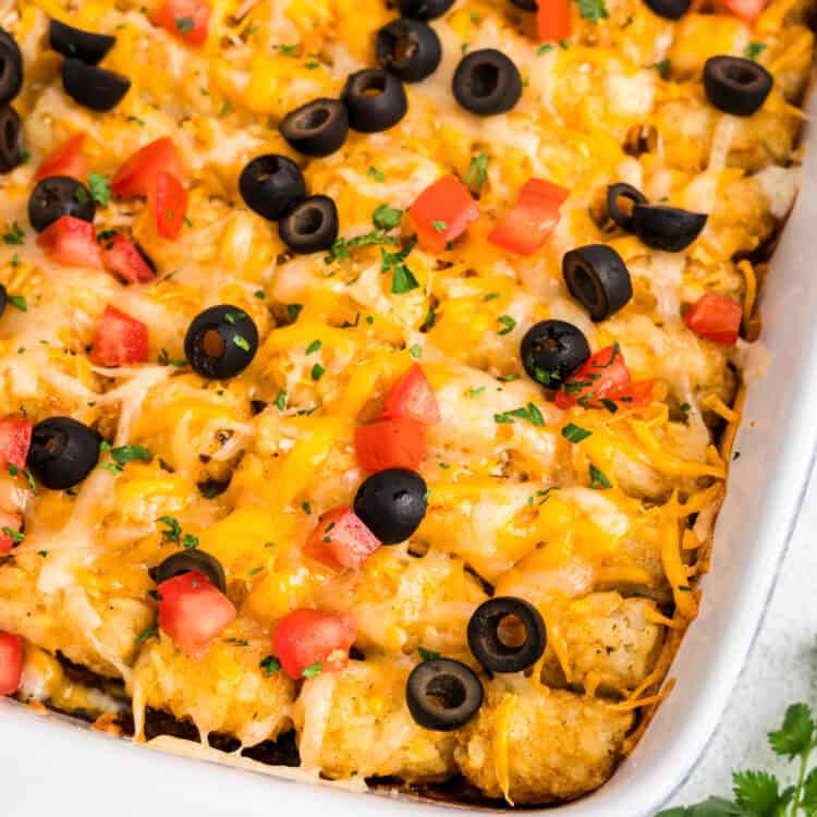 Mexican Tater Tot Casserole in a white casserole dish