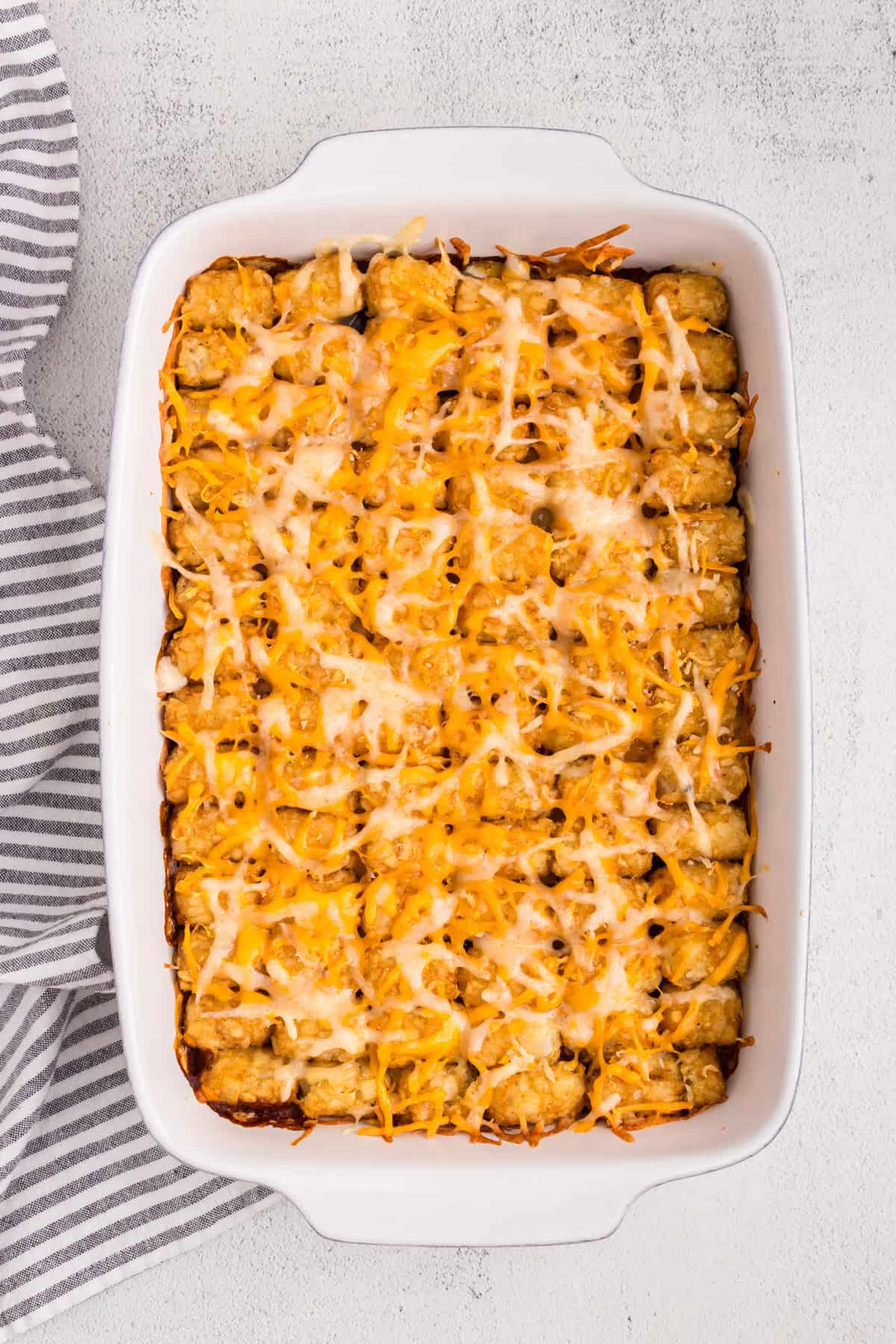 Overhead picture of baked casserole before adding toppings