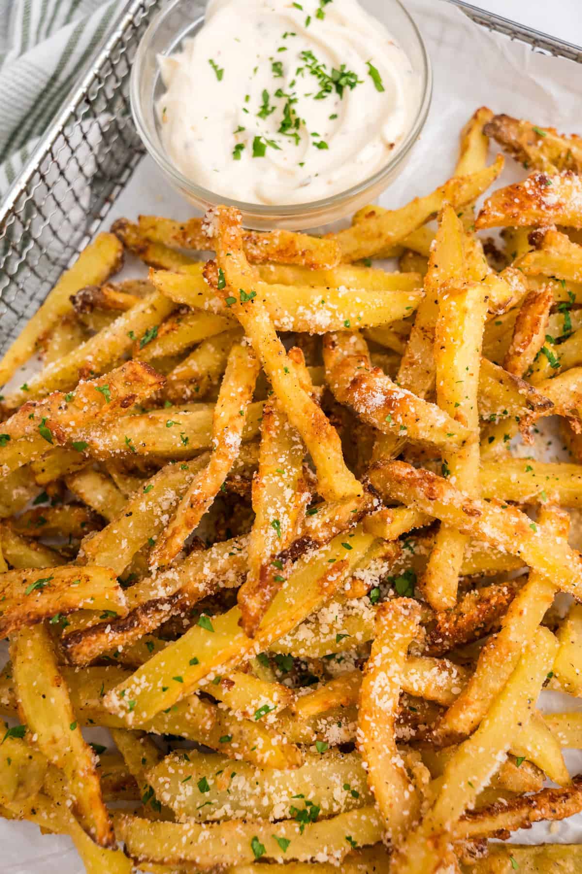 Close up image of completed Garlic Parmesan French Fries.