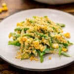 Plate with green bean corn casserole on it