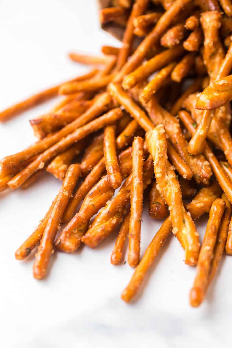 Close up of ranch pretzels on white background
