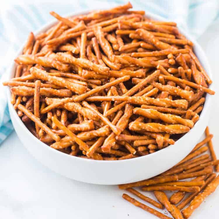 Bowl of ranch pretzels in it