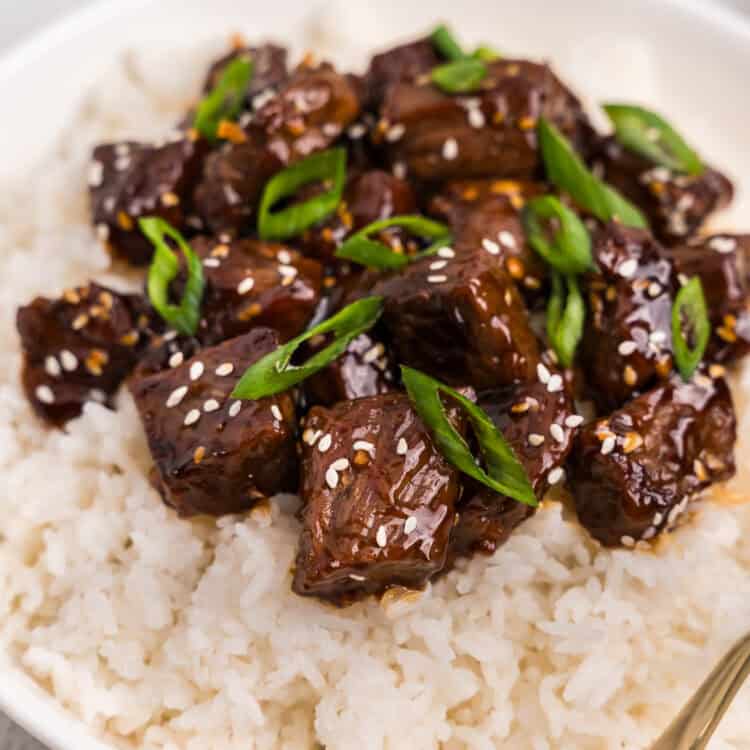 White bowl with white rice in and Beef Teriyaki on top of the rice topped with sliced green onions