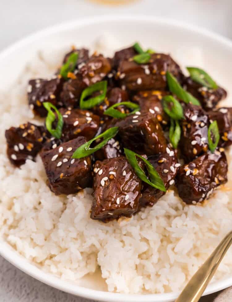 White bowl with white rice in and Beef Teriyaki on top of the rice topped with sliced green onions