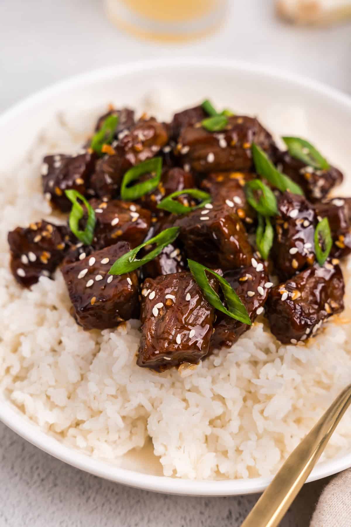 White bowl with white rice in and Beef Teriyaki on top of the rice topped with sliced green onions