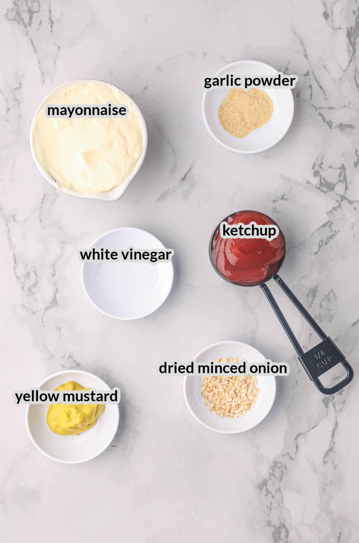 Ingredients in bowls with labels for Burger Sauce Recipe