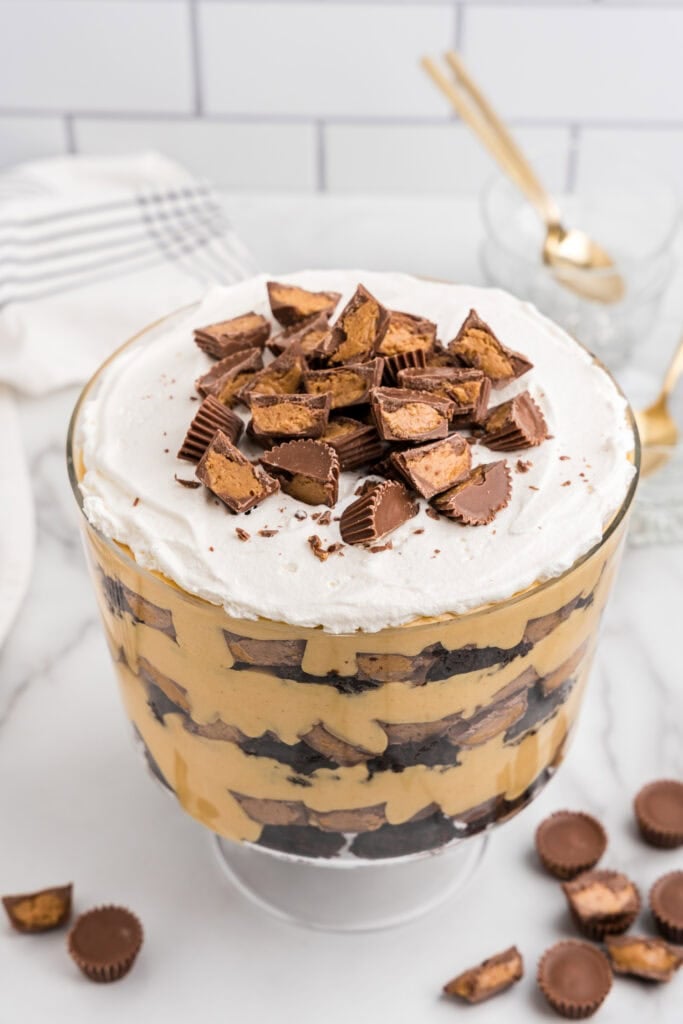 Reese's Peanut Butter Trifle in trifle bowl looking down