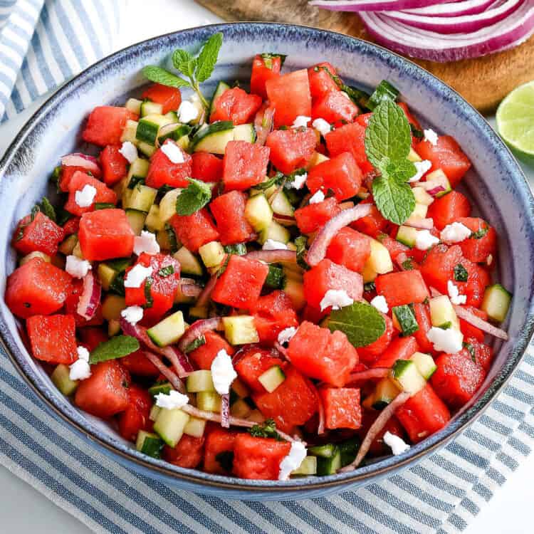 Watermelon Feta Salad in blue bowl