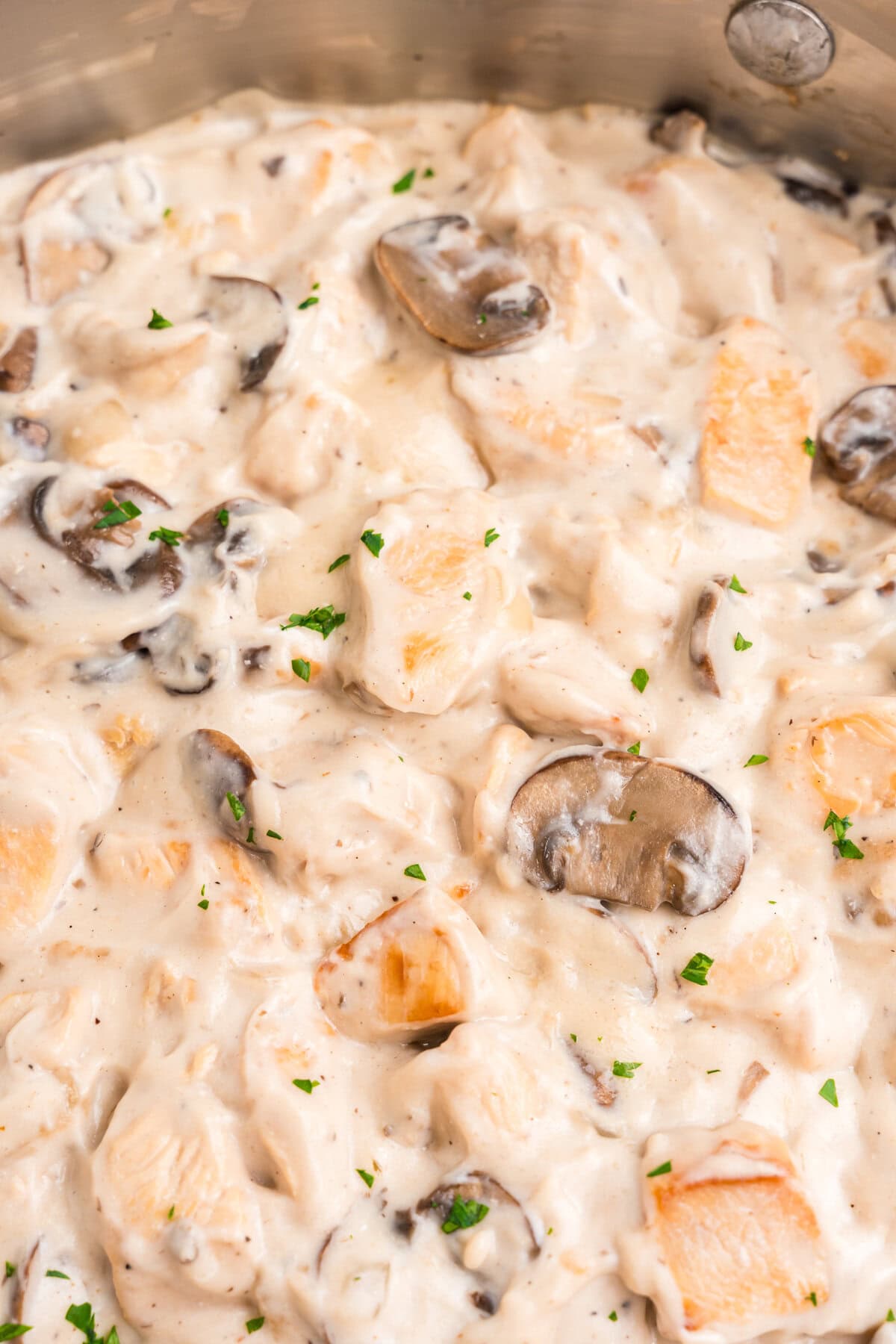 Close-up of the finished chicken stroganoff garnished with chopped parsley.