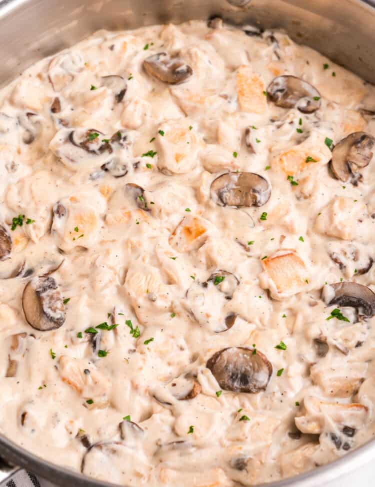 A creamy chicken stroganoff dish in a stainless steel skillet, featuring chunks of cooked chicken, sliced mushrooms, and a rich white sauce, garnished with chopped parsley.