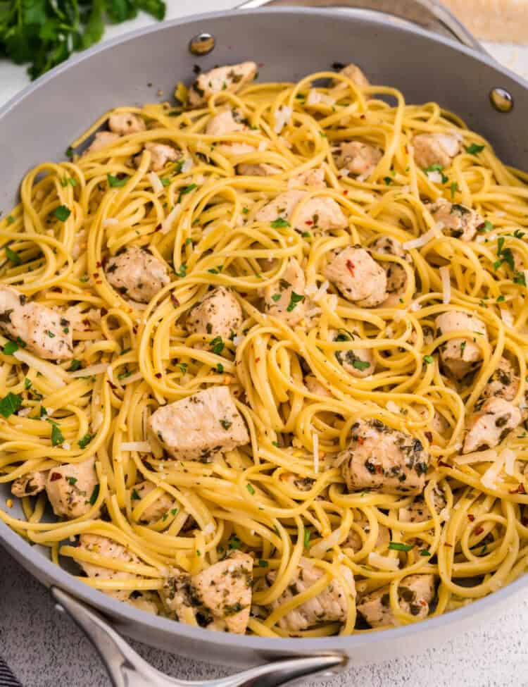 Skillet with Chicken Scampi in it