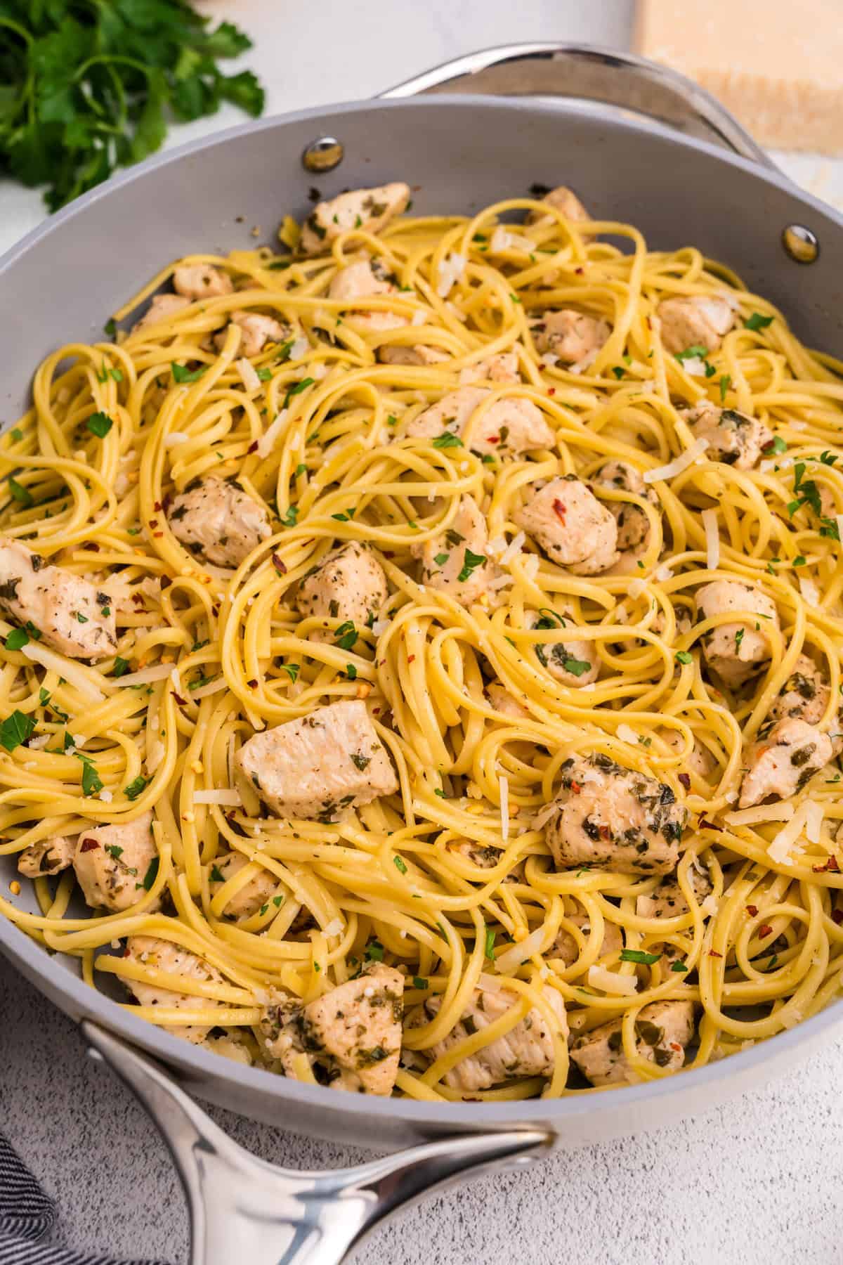 Skillet with Chicken Scampi in it