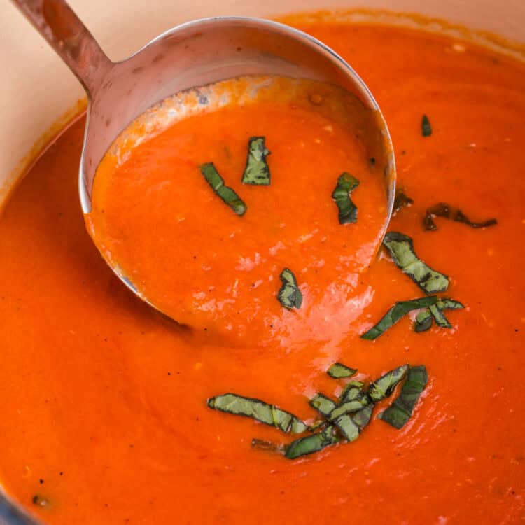 Close-up of a ladle serving smooth tomato soup from the Dutch oven, topped with strips of fresh basil.