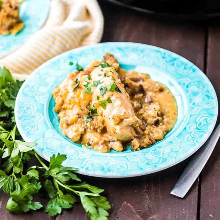 Crockpot Chicken and Stuffing on a blue plate