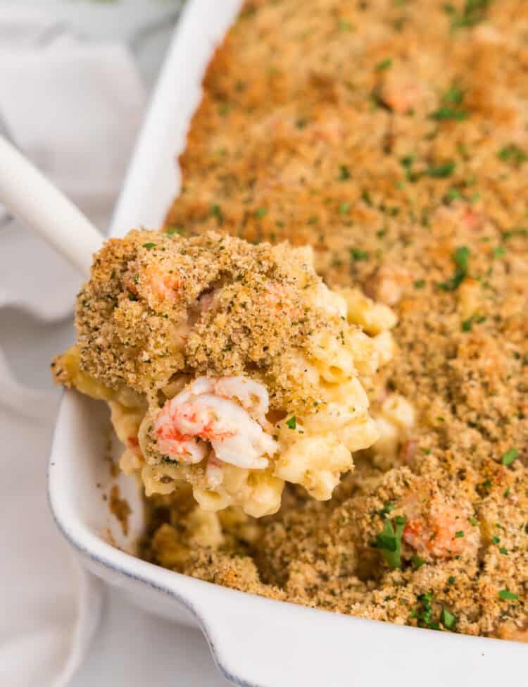 Close-up of a serving spoon lifting a portion of lobster mac and cheese from the baking dish, showing lobster chunks and golden breadcrumb topping.