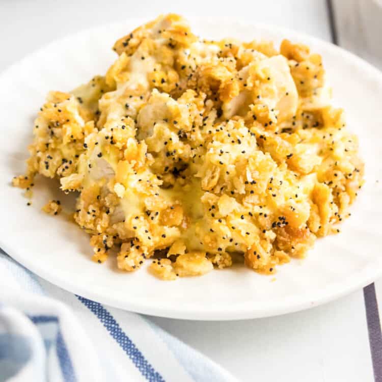 White plate with Poppy Seed Chicken on it